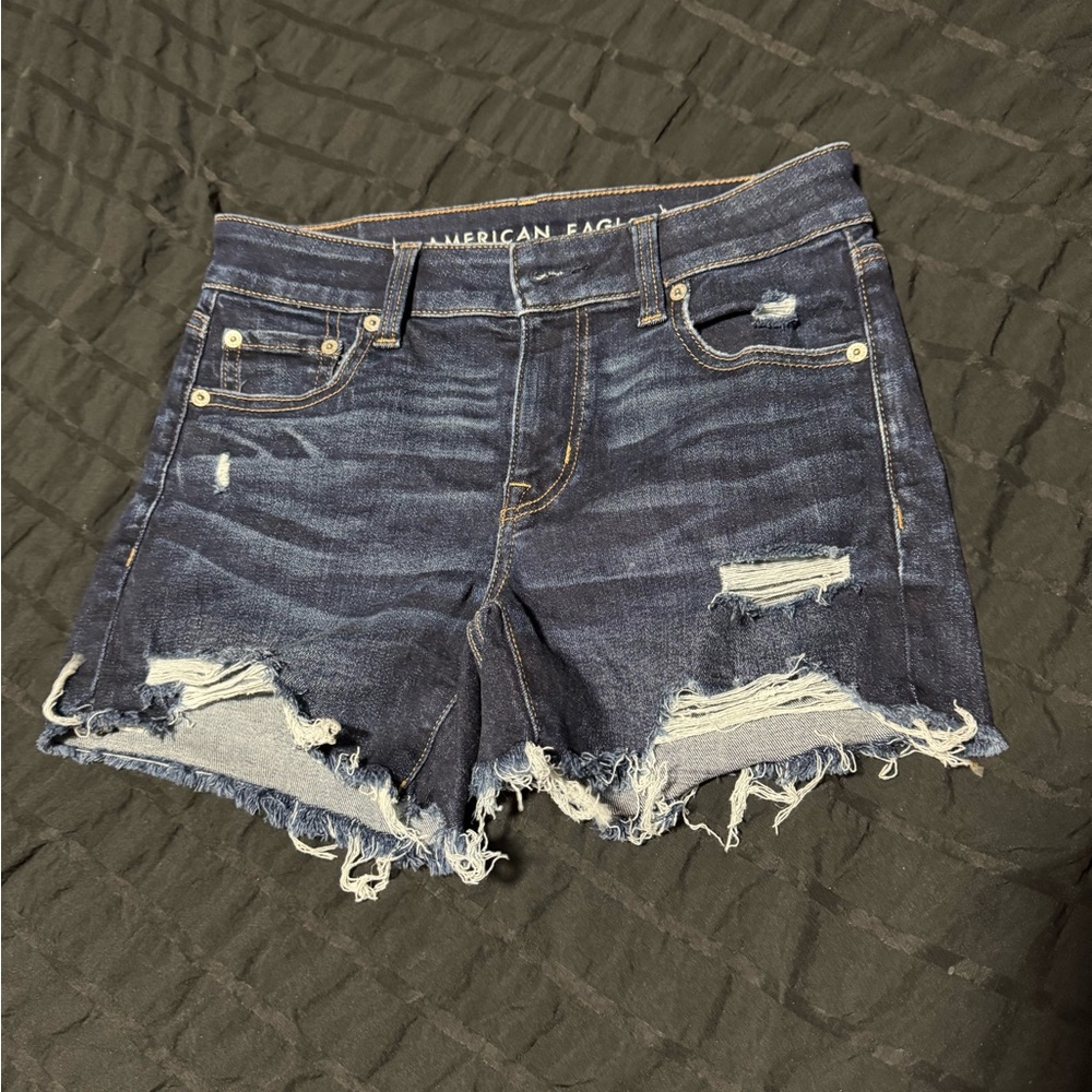 American Eagle Outfitters Women's Ripped Jean Shorts - Dark Blue